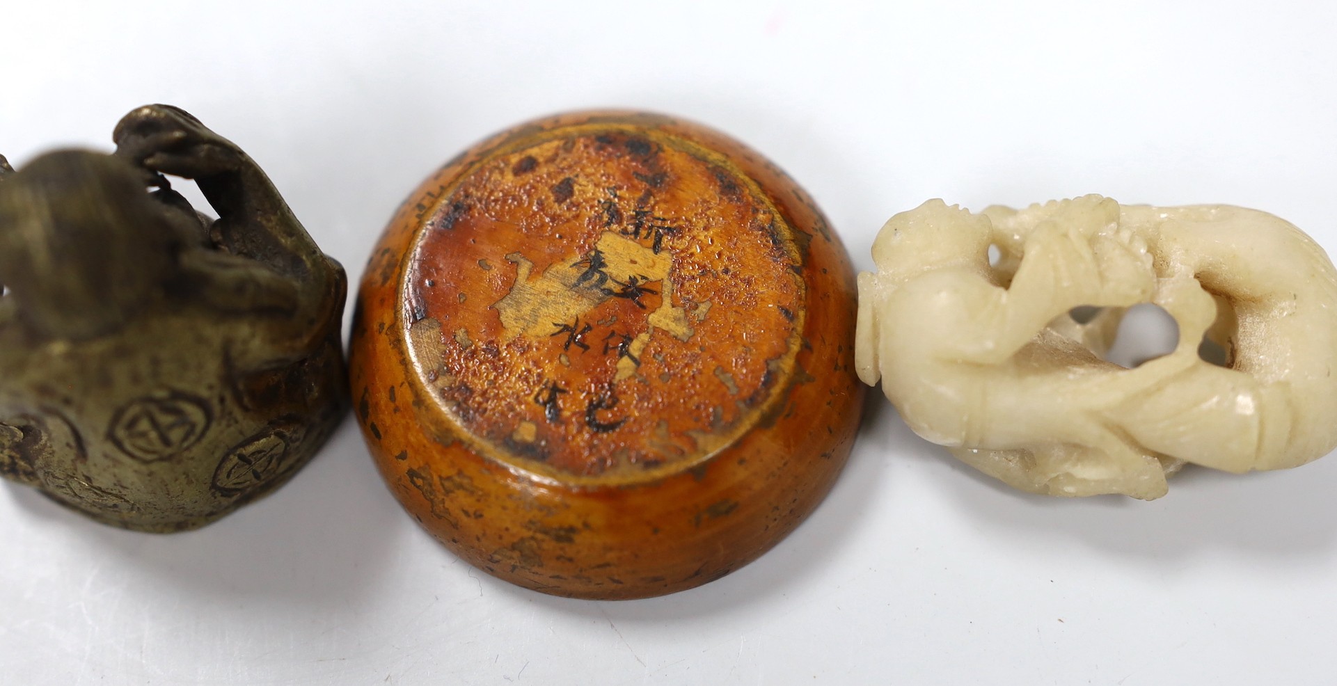 Assorted Chinese works of art including a soapstone carving of a luohan, 16cms high